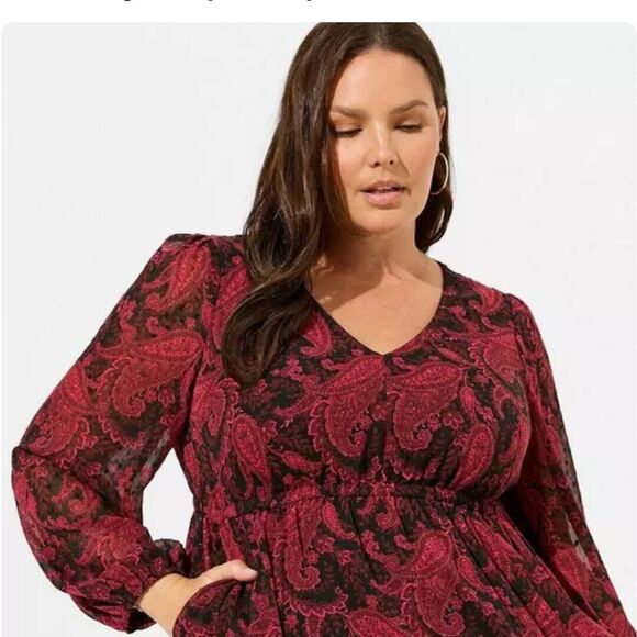 Torrid Burgundy Paisley Tea Length Clip Dot Open Back A-Line Dress Plus Size 1X - Picture 3 of 11